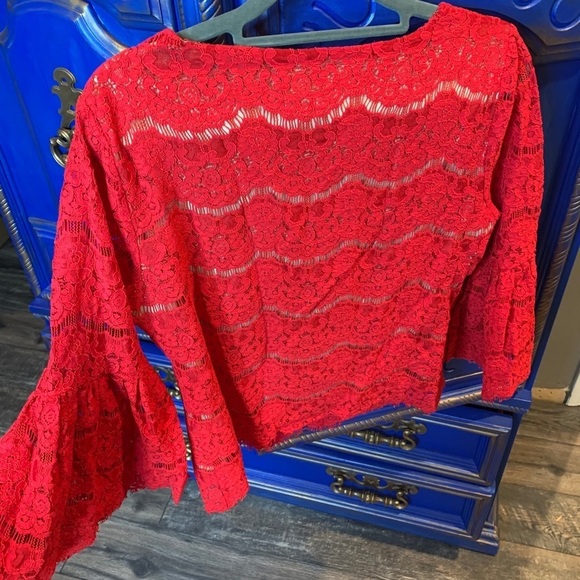 Rose + Olive Red Crop Top Bell Sleeves Lace Small - Picture 2 of 3